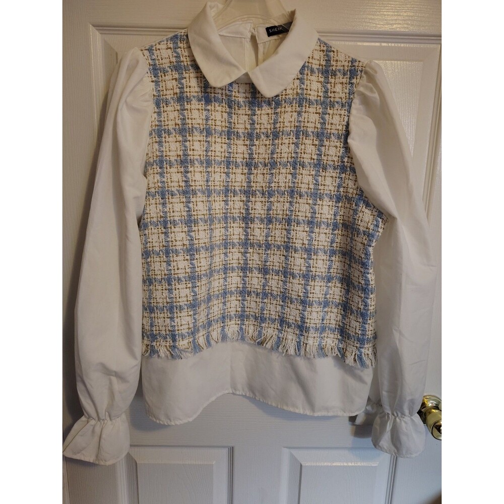 SHEIN Women’s Tweed Plaid Collared Button Fringe Balloon Long Sleeve Blouse M